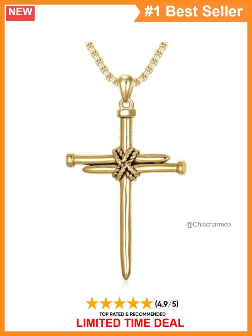 Sterling Silver Nail Cross Necklace 24k Gold Plated Pendant 22in